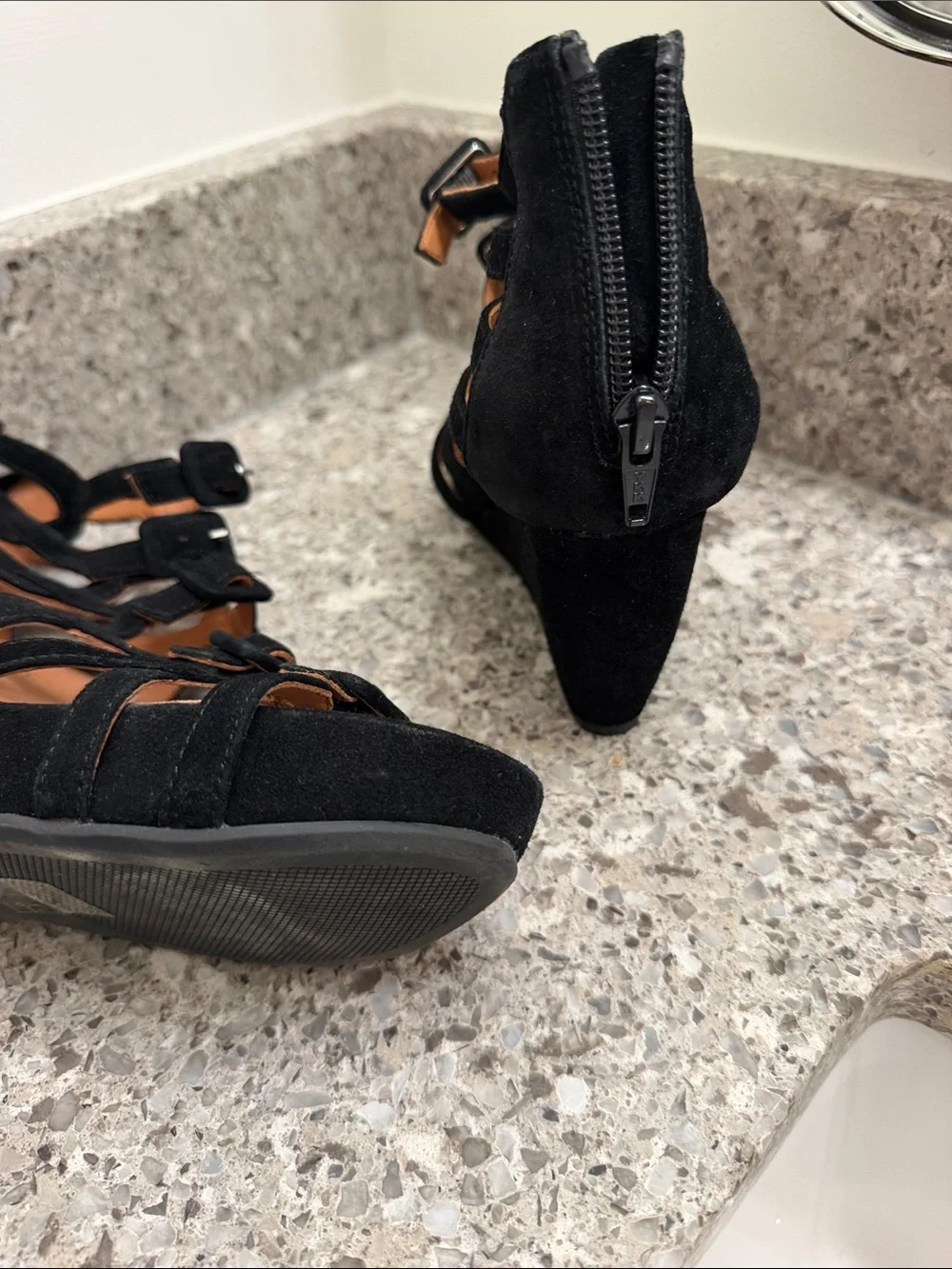 Strappy Black Suede Wedge Sandals